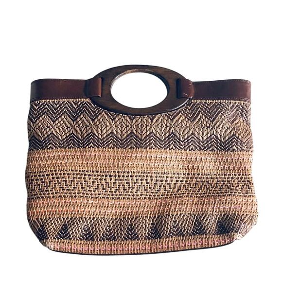 Fossil Wooden Handle VTG Woven Boho Satchel Purse Brown Art Deco - Picture 1 of 9